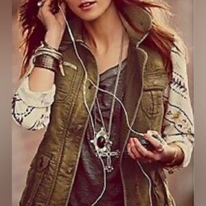 Free People Follow Your Heart Boho Floral Print Cargo Utility Jacket Brown Olive